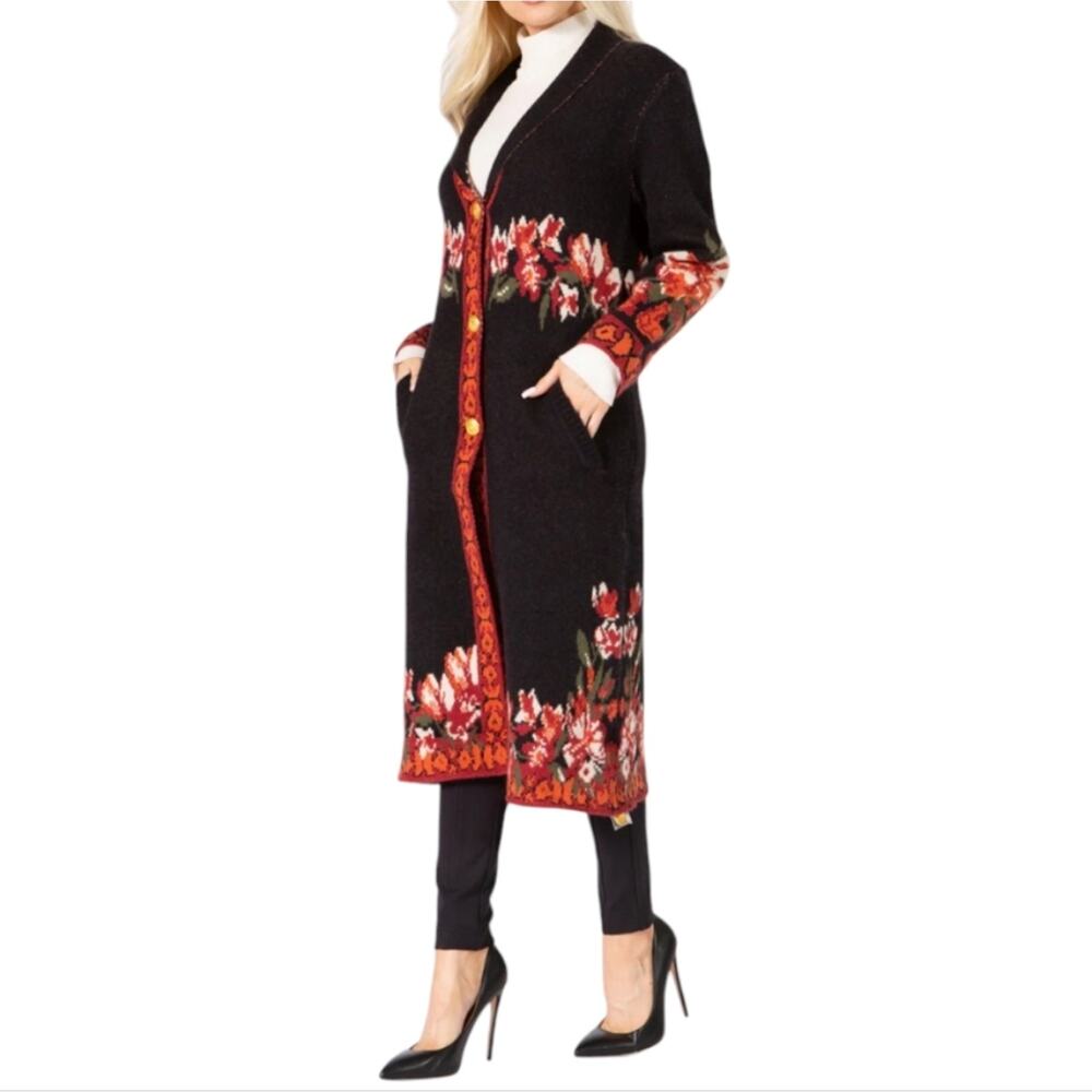 MAXSPORT Floral Knit Cardigan‎ Coat Navy and Red Duster Heavyweight Coatigan Med